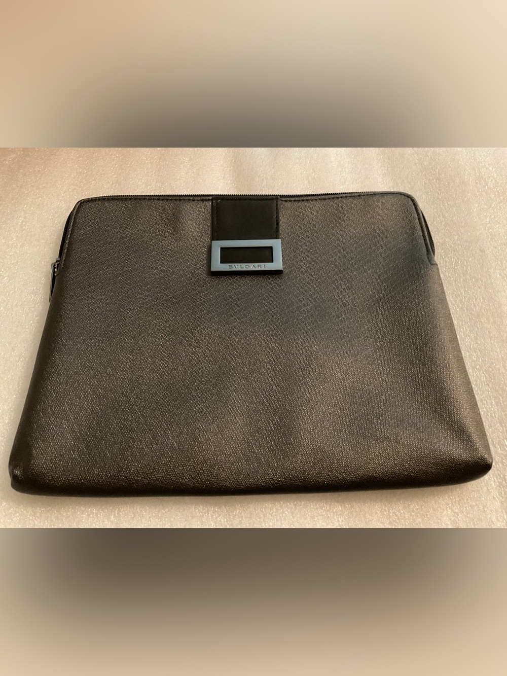 BVLGARI Parfums Oversized Portfolio Clutch Gunmetal Logo Lined Rare Vintage